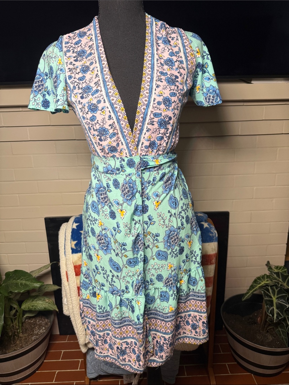 SHEIN Mint and Light Blue Floral Wrap Dress